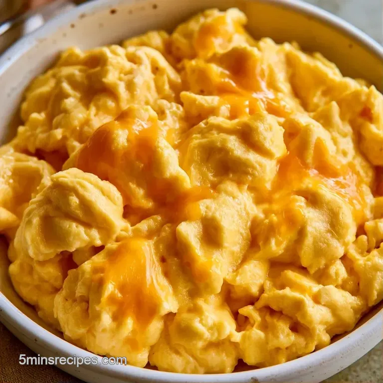 A mound of soft, creamy scrambled eggs topped with fresh green chives and cracked pepper on a rustic blue plate.