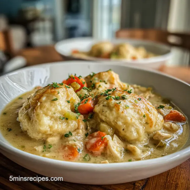 Elegant plate of chicken and dumplings; bright carrots and herbs pop against the creamy, pillowy dumplings and sauce.
