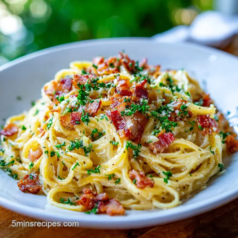 Elegant plate of carbonara: creamy sauce clinging to twirled pasta, topped with crispy chicken and a dusting of parmesan.