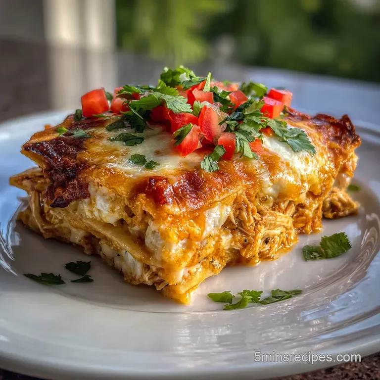 Stacked enchilada casserole slice with vibrant green cilantro garnish. Creamy melted cheese clings to the warm corn tortil...