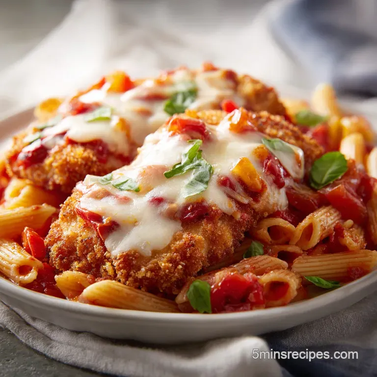 Elegant white plate with golden-brown chicken, melted white cheese, and bright green basil on a wooden surface.