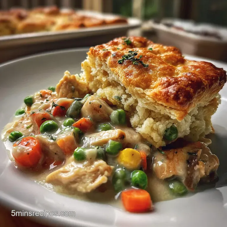 Individual ramekin of chicken pot pie, golden-brown biscuit crust, creamy filling bubbling, garnished with fresh parsley.