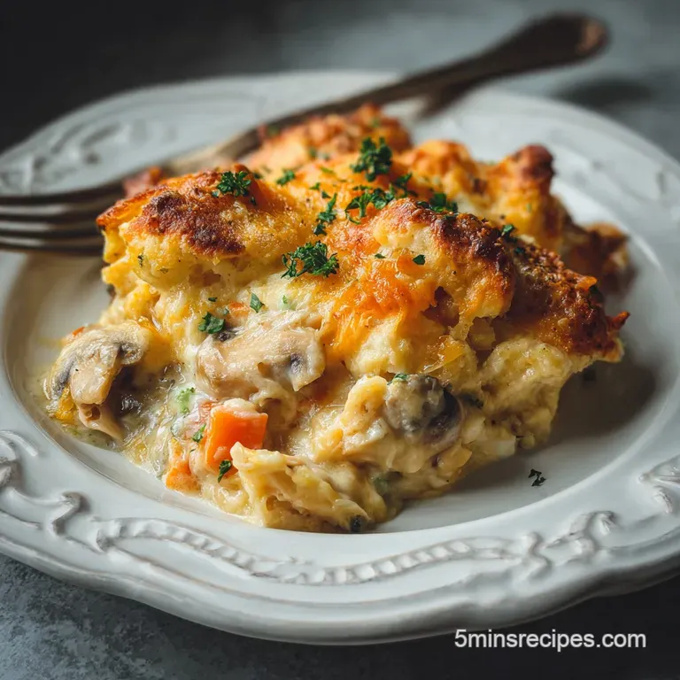 Flaky biscuit-topped chicken pot pie casserole on a plate, steam rising, next to a fork, ready to be enjoyed.