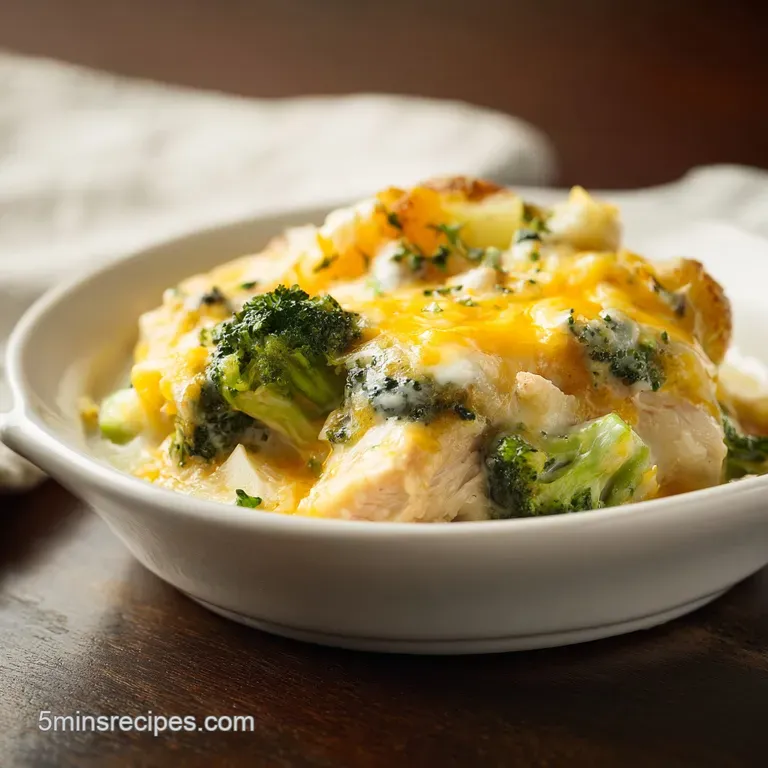 Creamy chicken and broccoli casserole served in a white dish, topped with golden, crispy browned potatoes, garnished with ...