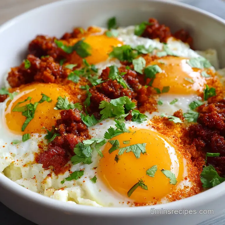 Elegant plate featuring a portion of chorizo and eggs. Creamy, golden-yolked eggs atop flavorful chorizo and a sprinkle of...
