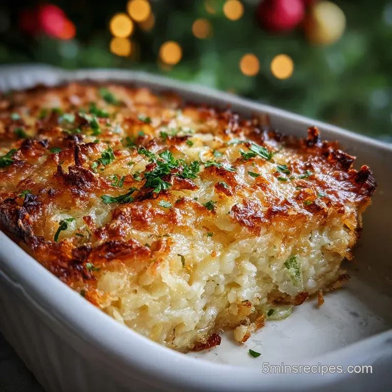 Square of breakfast casserole, steam rising, with browned top. Garnished with herbs, served on white plate.