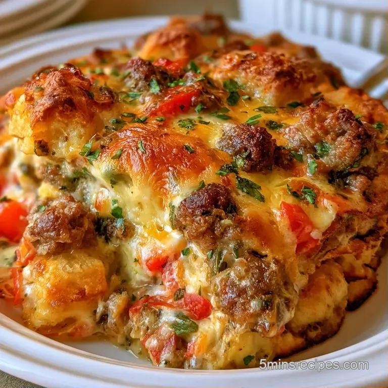 A golden square slice of savory egg bake with colorful bell peppers served on a polished white ceramic plate.