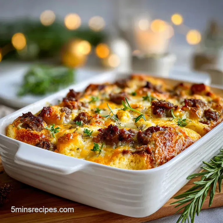 Individual serving of croissant casserole, golden brown and fluffy, garnished with fresh berries and a sprig of mint.
