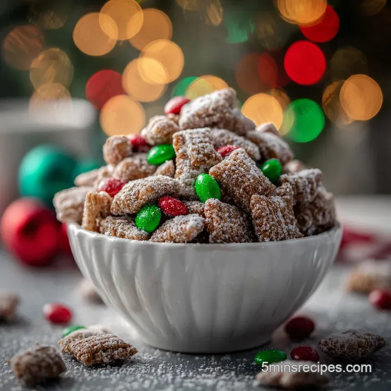 Festive Christmas puppy chow in a glass bowl. Bright red and green sprinkles accent the sweet, powdered sugar coating.