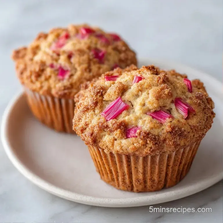 Three fluffy muffins on a white ceramic platter with fresh rhubarb stalks and a linen napkin beside them.