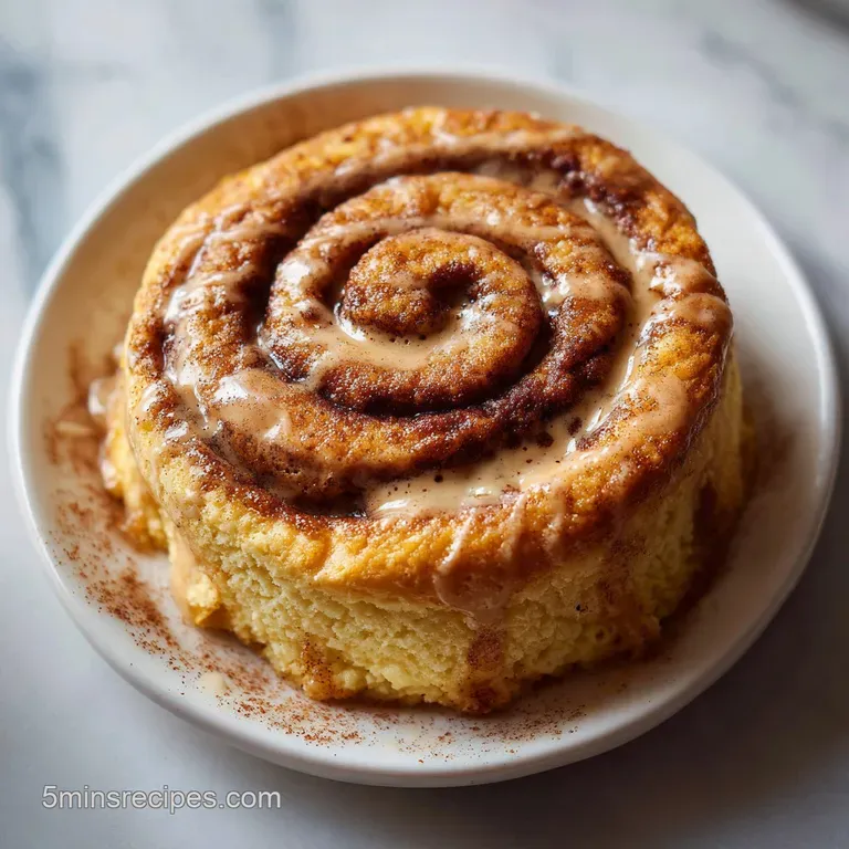 Golden-brown mug cake with a decadent cinnamon swirl, artfully plated with a side of fresh fruit.