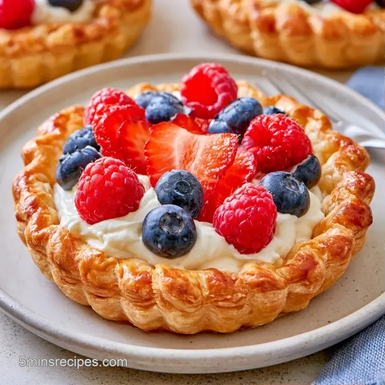 Elegant white platter featuring neat rows of fruit-topped tarts with a soft-focus background and a linen napkin.