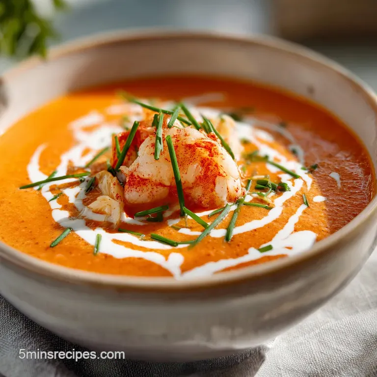 Elegant white bowl of velvety orange soup featuring a succulent lobster claw and a drizzle of cream on white linen.