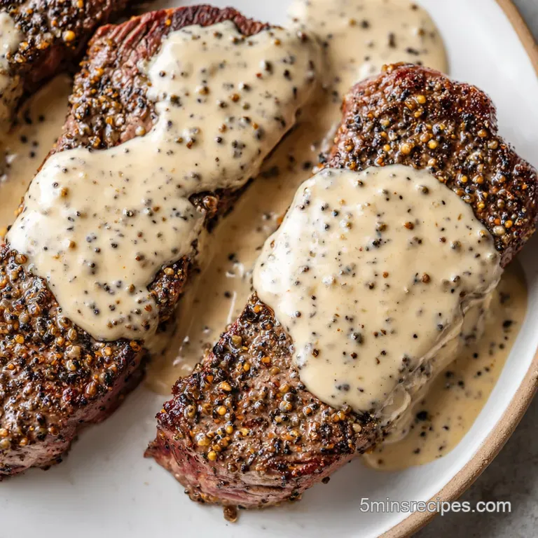 Sliced medium-rare beef atop buttery mashed potatoes, finished with a glossy cream sauce and fresh green herbs.