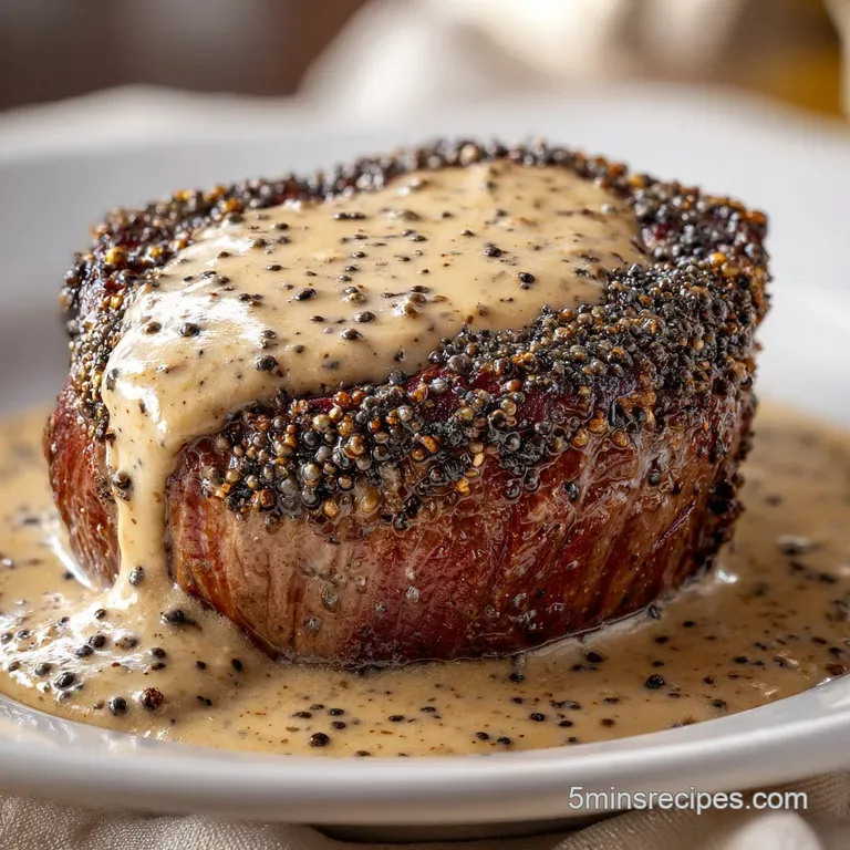 Sliced medium-rare beef drizzled with a rich peppercorn sauce, garnished with microgreens on a white plate.