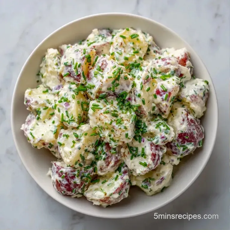 A white ceramic bowl filled with chunky potatoes and fresh green chives, served on a rustic light wood table.