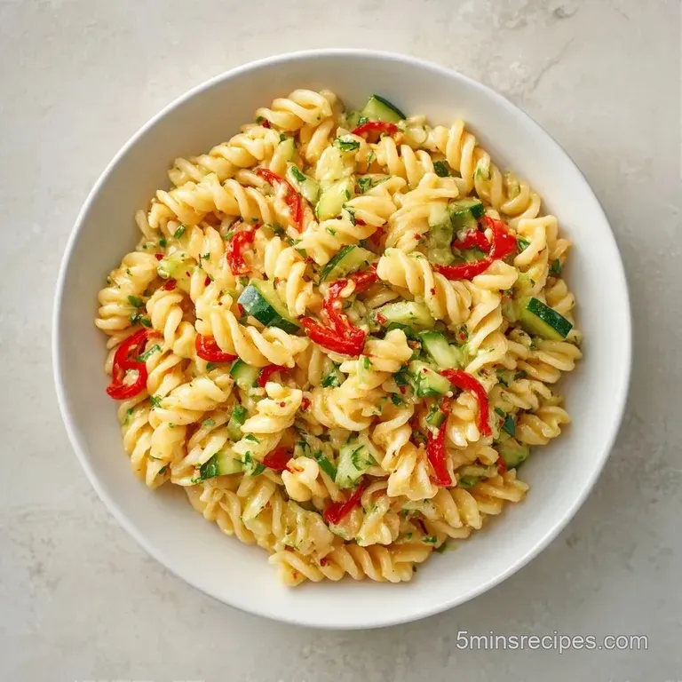 Brightly colored pasta salad in a chilled glass bowl garnished with fresh parsley and cracked black pepper.