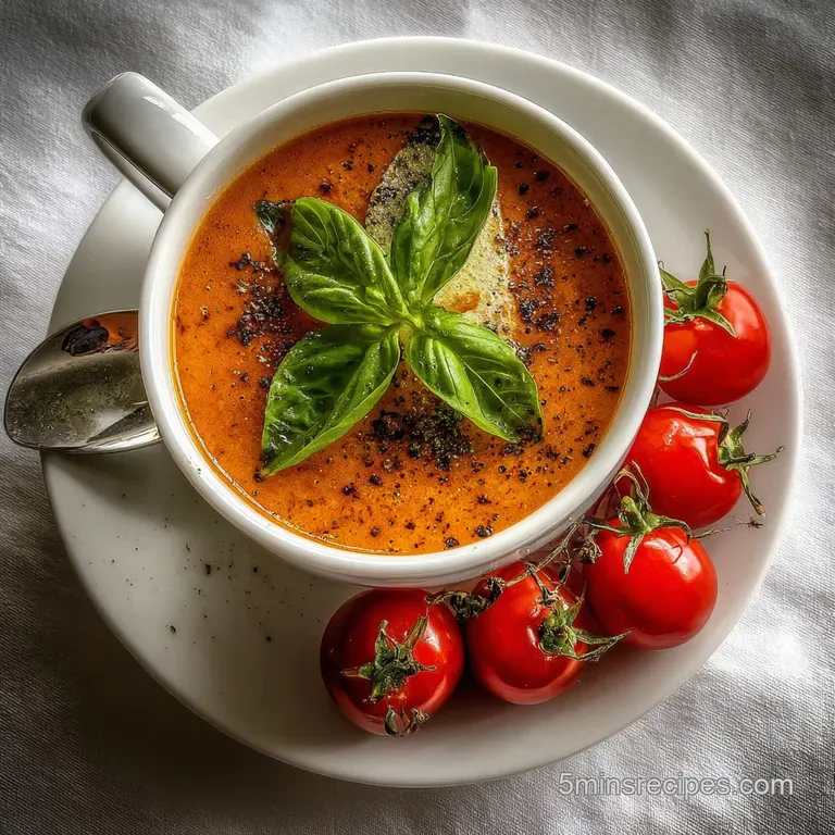 Elegant bowl of creamy tomato soup, garnished with fresh basil leaves and a drizzle of olive oil, hinting at warmth.