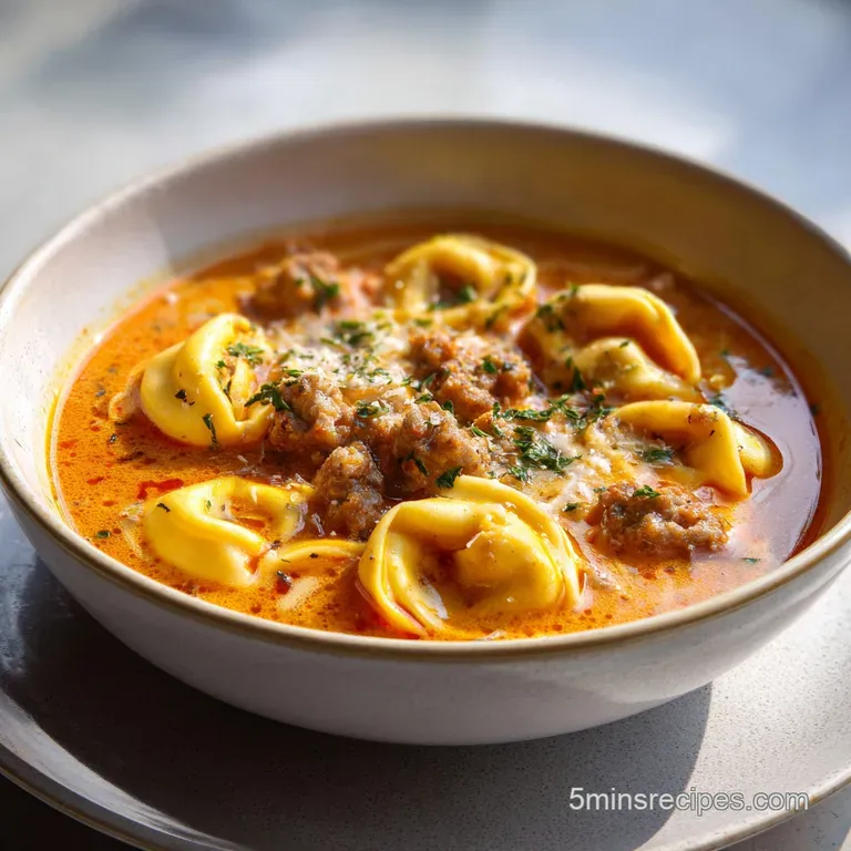 A steaming bowl of tortellini soup with sausage, garnished with fresh parsley and a swirl of cream.
