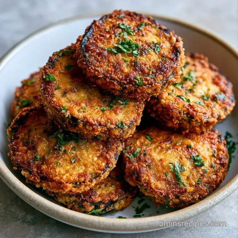 Golden breaded vegetable slices neatly stacked on a ceramic plate with a lemon wedge and a small bowl of dipping sauce.