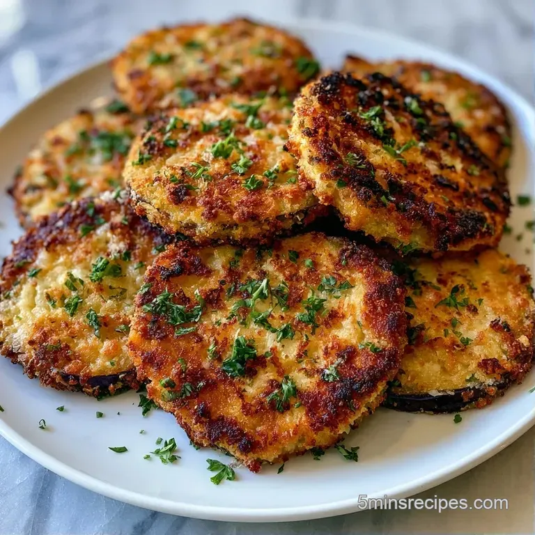 Slices of breaded purple eggplant arranged in a circle on a white ceramic plate with a drizzle of creamy garlic sauce.