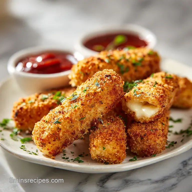 Golden, breaded mozzarella sticks fanned out on a platter with a side of marinara.