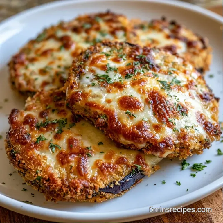 Crispy breaded eggplant slices topped with melted white cheese and fresh basil on a clean white ceramic plate.