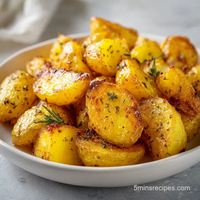 Shiny, golden roasted potatoes artfully arranged on a white plate, sprinkled with fresh herbs and coarse sea salt, steam r...