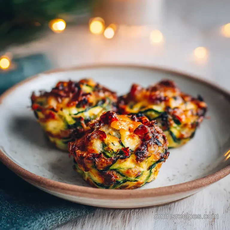 Golden-brown zucchini pizza bites artfully arranged on a white plate, garnished with fresh basil.