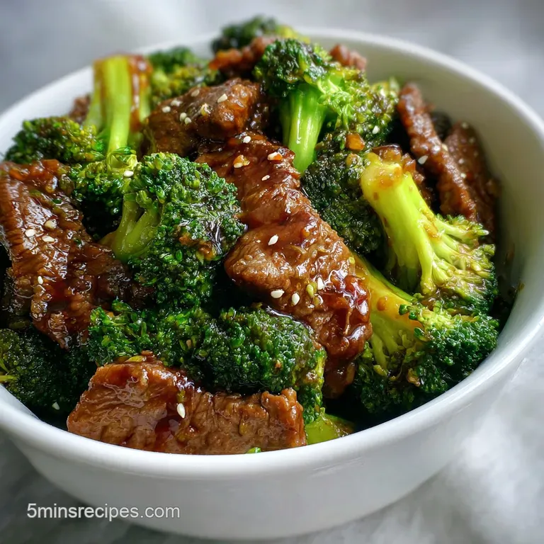 A portion of tender beef and broccoli served over fluffy rice, garnished with sesame seeds and scallions for a delightful ...