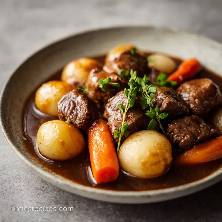 A rustic ceramic bowl filled with slow-cooked beef and vegetables, topped with fresh parsley and steaming hot.