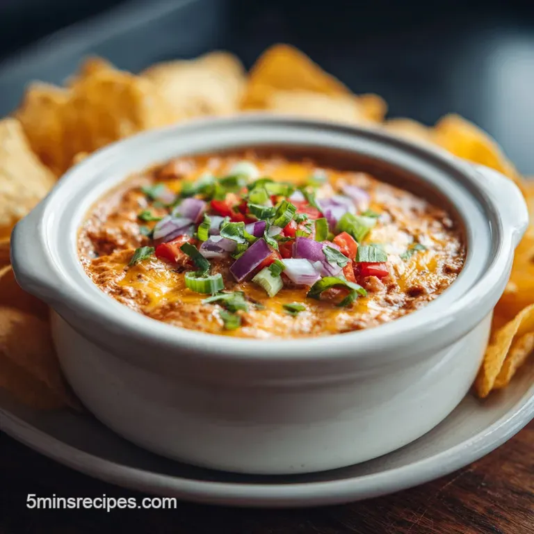 Creamy chili cheese dip oozing from a cast iron skillet, with tortilla chips artfully arranged around it on a dark wooden ...