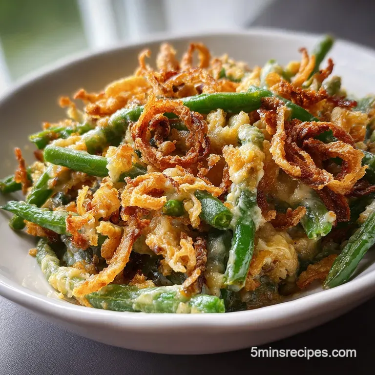 Creamy green bean casserole served in a white dish, topped with fried onions and fresh parsley, hinting at savory warmth.
