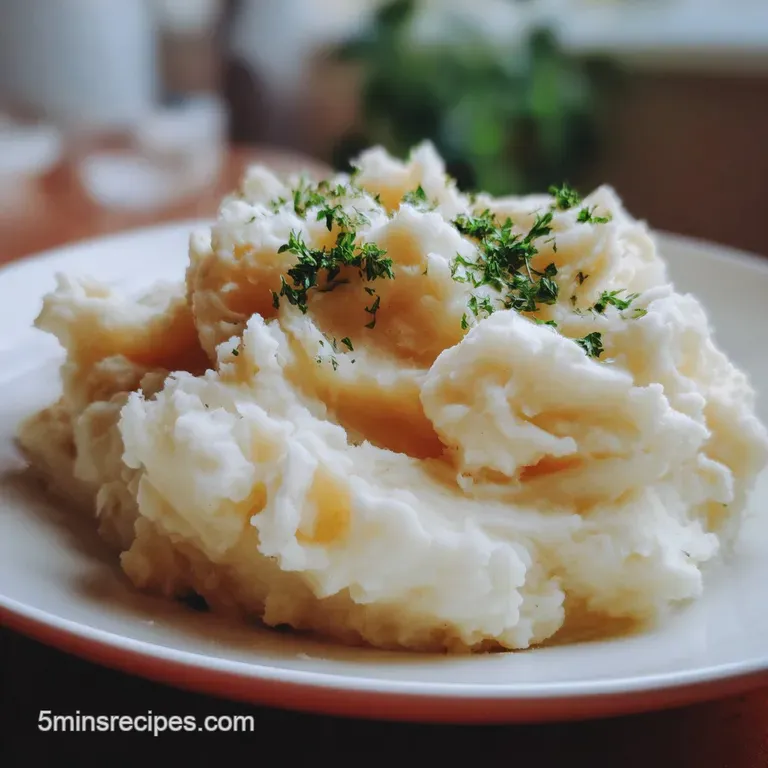 A mound of velvety mashed potatoes, drizzled with cream, garnished with parsley, served in a white dish on a wooden table.