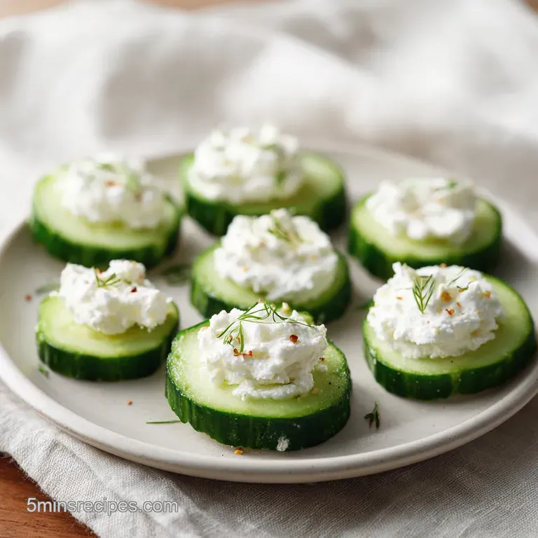 Delicately arranged cucumber rounds, each crowned with creamy cheese and a sprig of dill, on a white platter.