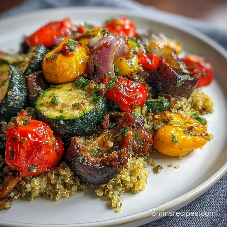 Plated roasted vegetables create a colorful dish. Sweet potatoes, red onions, peppers glisten; herbs add freshness and depth.