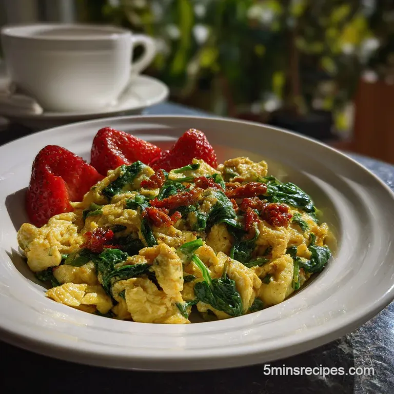 A sunny yellow egg and spinach mixture, plated elegantly with a side of ruby red cherry tomatoes, fresh herbs as garnish.