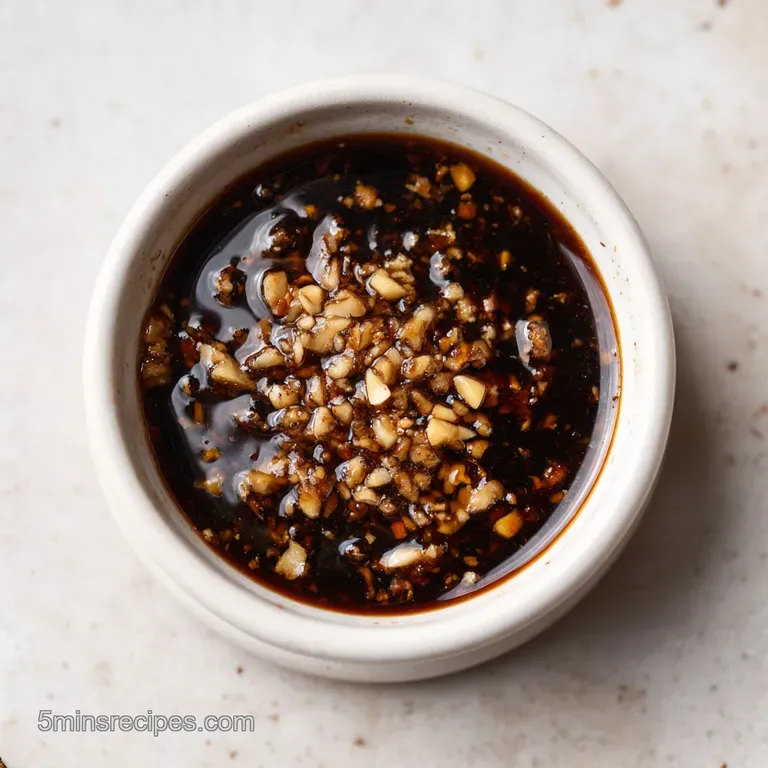 A small ceramic dish of glossy amber sauce beside steamed dumplings on a bamboo steamer with a chopstick rest.