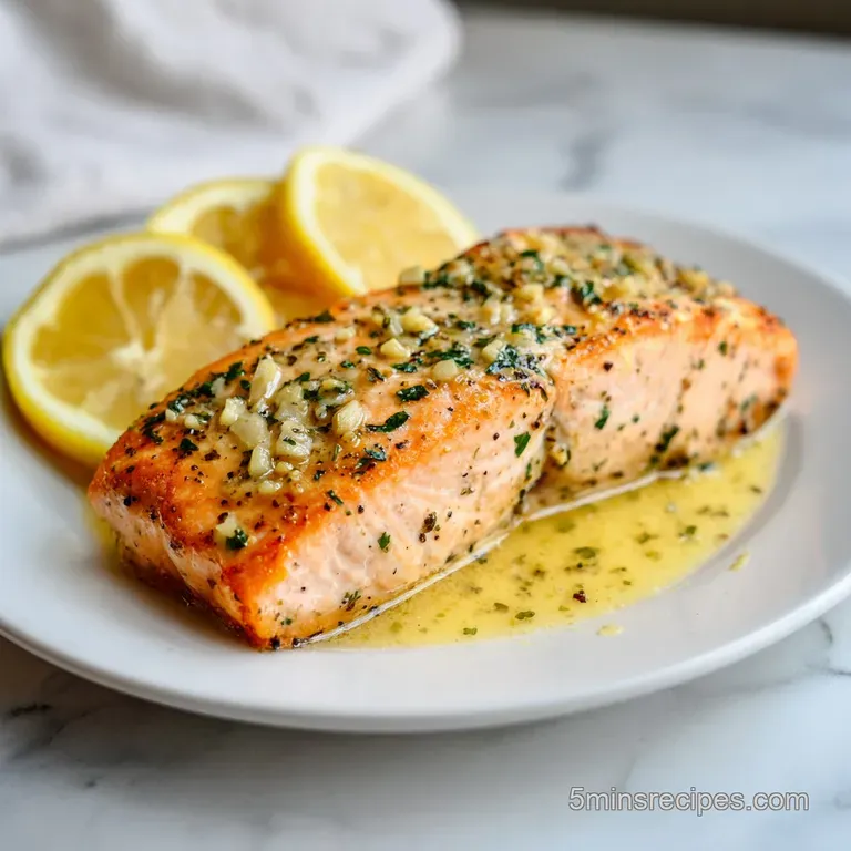 A perfectly cooked salmon fillet, topped with fresh herbs, sits elegantly on a white plate.