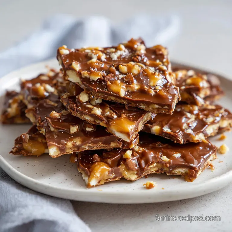 A small, festive plate of Christmas Crack toffee, highlighting the smooth chocolate and crunchy, buttery texture.
