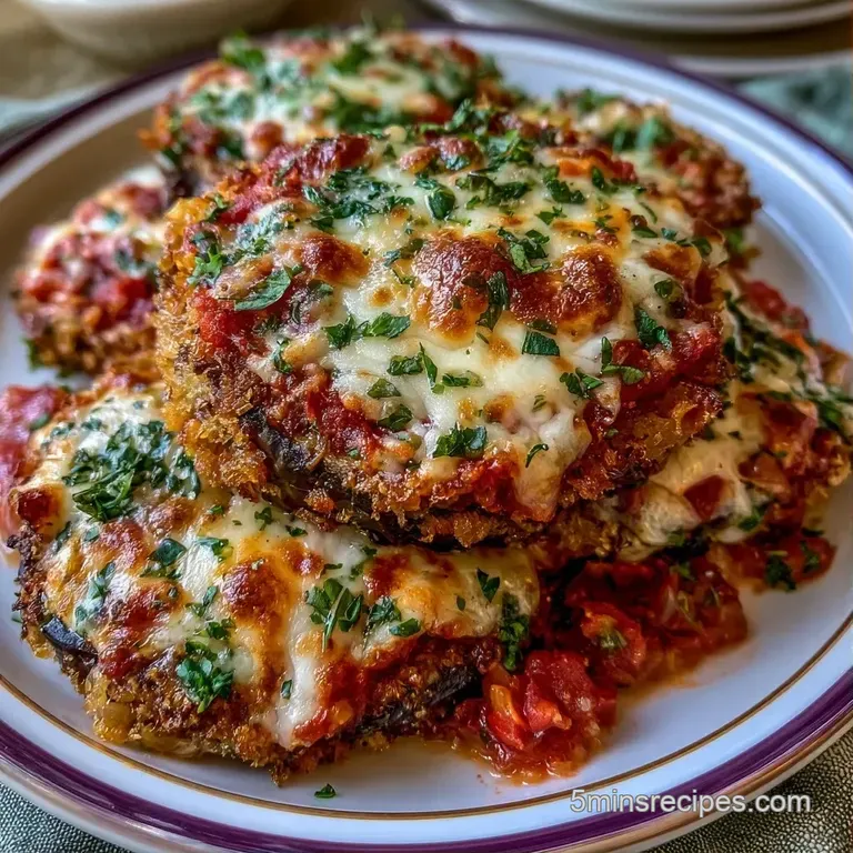 A neat stack of breaded eggplant slices topped with melted golden cheese and a drizzle of thick red tomato sauce.