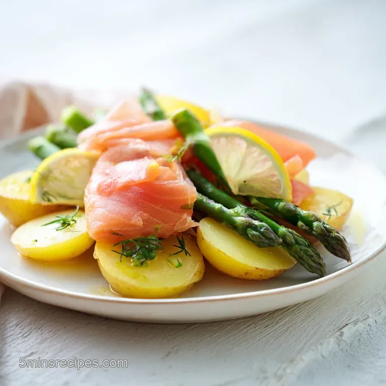 Pink salmon fillet served on a white plate with vibrant steamed vegetables and a wedge of fresh yellow lemon.