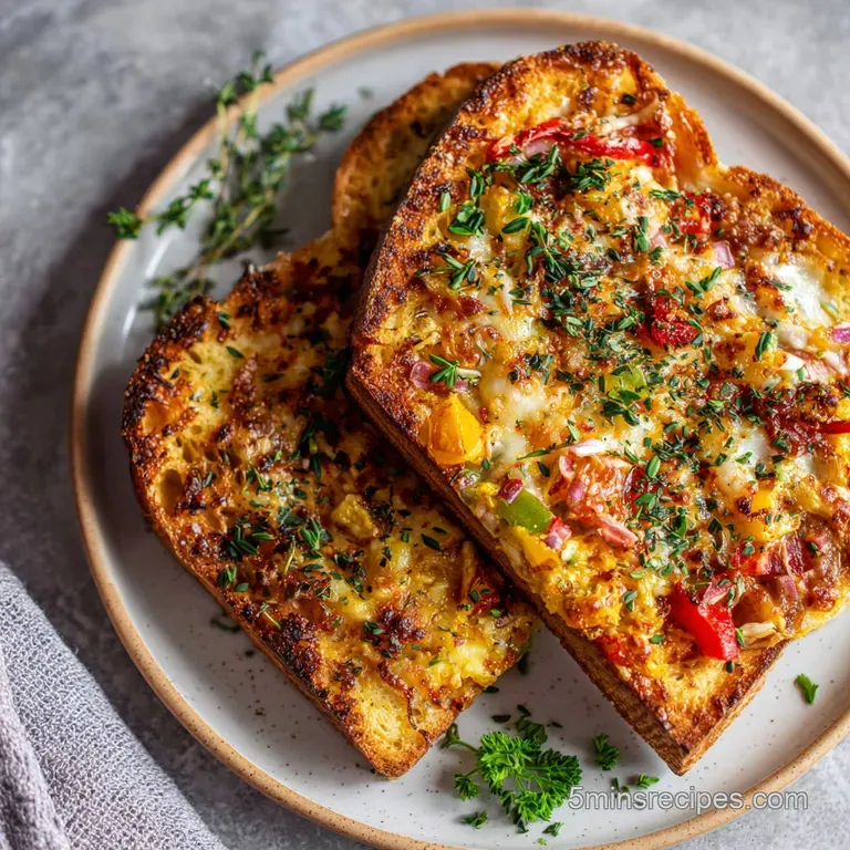 Golden-brown pizza toast slices arranged artfully on a rustic wooden board, garnished with basil.