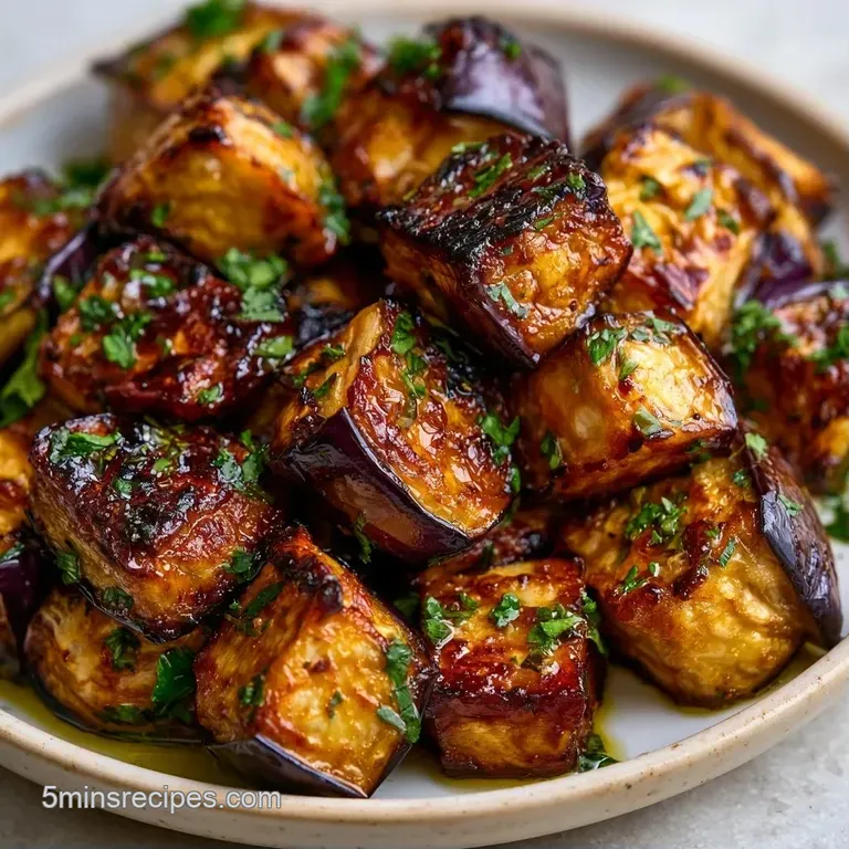 Sliced roasted eggplant arranged on a white ceramic plate with a drizzle of olive oil and cracked black pepper.
