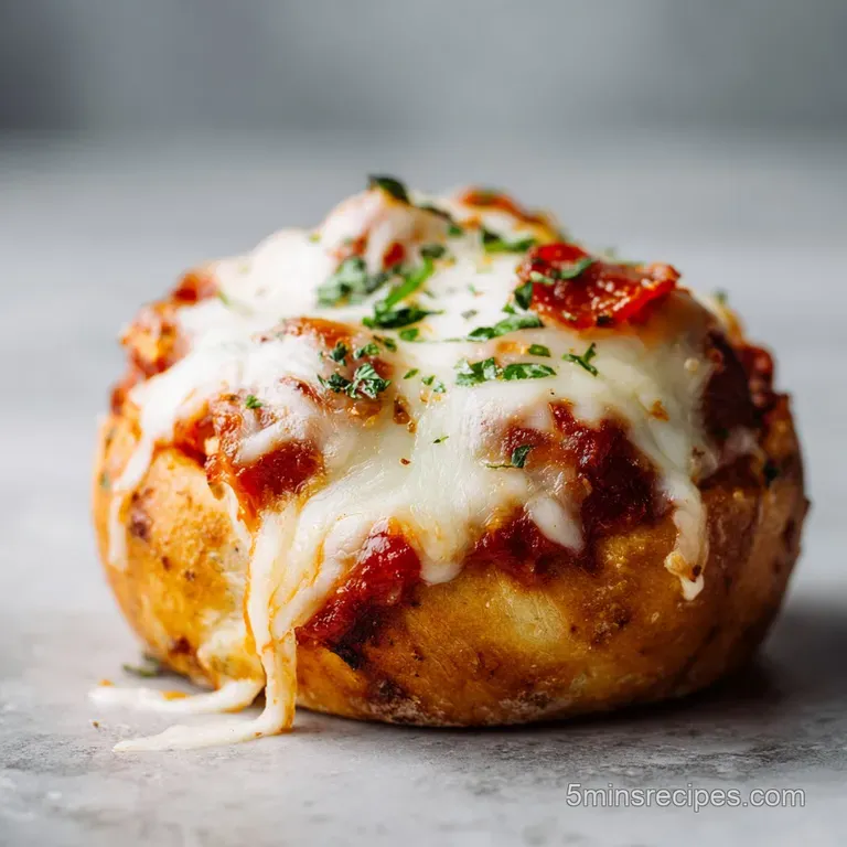 Three perfectly formed pizza bombs, glistening with sauce, artfully placed on a white plate with a sprinkle of herbs.