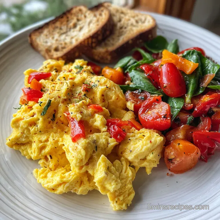 Fluffy scrambled eggs served on a white plate, alongside crispy bacon strips and toasted whole-wheat bread; a breakfast de...