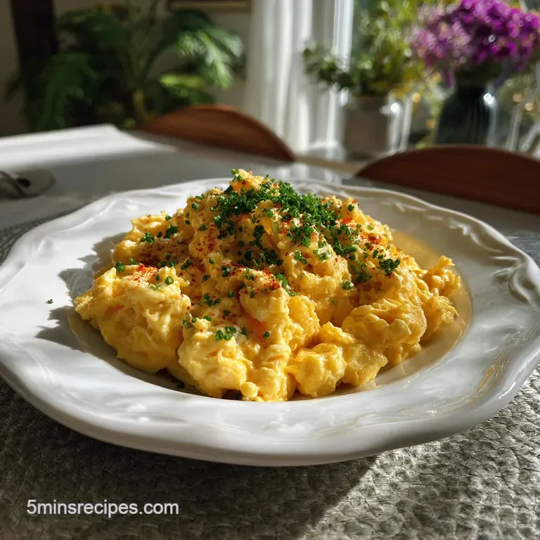 Silky scrambled eggs artfully arranged on a white plate, alongside toasted sourdough bread. The yellow hue pops against th...