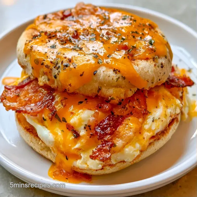 Toasted English muffin sandwich with oozing cheese on a white plate next to a fresh pile of vibrant green arugula.