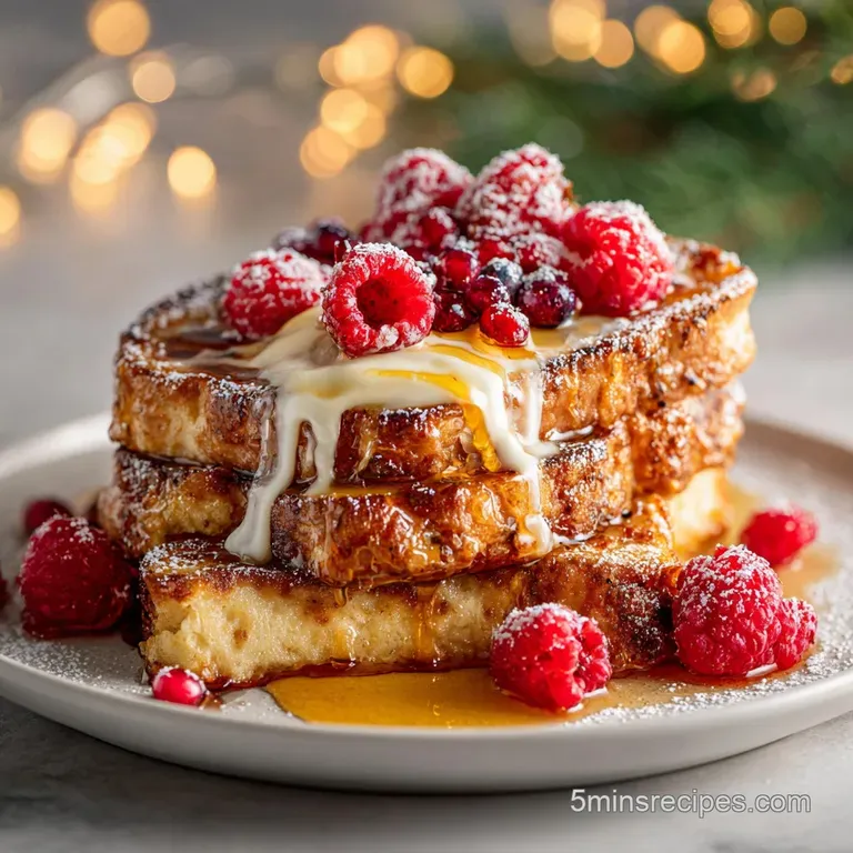 Stacked eggnog French toast with a dollop of whipped cream, sugared cranberries, and a light dusting of powdered sugar on ...
