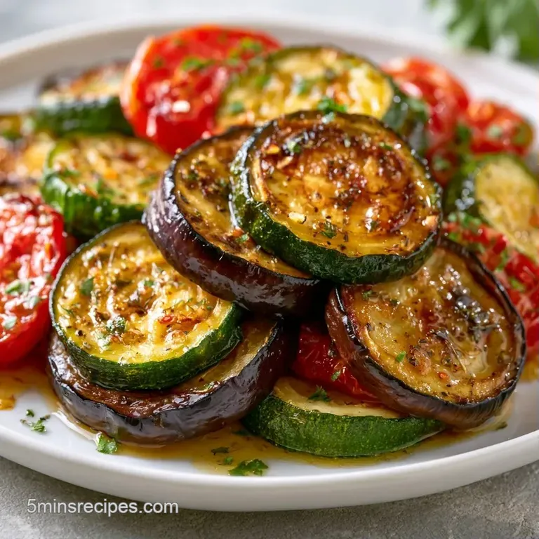 A neat slice of cheesy roasted vegetables on a white plate, garnished with a sprig of fresh, bright green parsley.